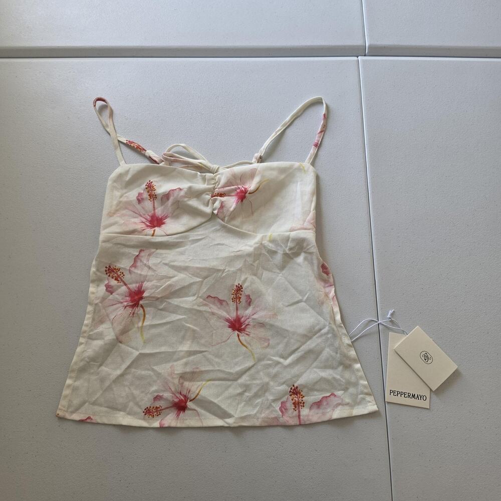 Peppermayo Tank Top Womens Small White Floral Linen Backless Tie Cami Summer